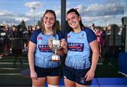 26 April 2025; MU Barnhall captains Aoibhe Curran, left, and Ali McMurray with the cup after the Flood Cup Final match between Barnhall NUIM and Blackrock RFC during the Leinster Rugby Girls Finals Day at Mullingar RFC in Mullingar, Westmeath. Photo by Ben McShane/Sportsfile
