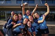 26 April 2025; MU Barnhall players celebrate with the cup after the Flood Cup Final match between Barnhall NUIM and Blackrock RFC during the Leinster Rugby Girls Finals Day at Mullingar RFC in Mullingar, Westmeath. Photo by Ben McShane/Sportsfile