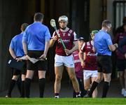 26 April 2025; Daithí Burke of Galway, 3, awaits referee James Owens who ultimately issued him with a red card before the start of the second half  during the Leinster GAA Hurling Senior Championship Round 2 match between Offaly and Galway at Glenisk O’Connor Park in Tullamore, Offaly. Photo by Ray McManus/Sportsfile