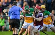 26 April 2025; Referee James Owens throws the sliorhar between Offaly players, David King and Killian Sampson, and Galway players David Burke and Tom Monaghan, to start the second half during the Leinster GAA Hurling Senior Championship Round 2 match between Offaly and Galway at Glenisk O’Connor Park in Tullamore, Offaly. Photo by Ray McManus/Sportsfile