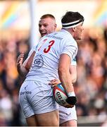 26 April 2025; Jude Postlethwaite of Ulster, 13, celebrates with teammate Nathan Doak after scoring their side's second during the United Rugby Championship match between Ulster and Hollywoodbets Sharks at Kingspan Stadium in Belfast. Photo by Tyler Miller/Sportsfile