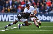 26 April 2025; Nick Timoney of Ulster is tackled by Aphelele Fassi of Hollywoodbets Sharks during the United Rugby Championship match between Ulster and Hollywoodbets Sharks at Kingspan Stadium in Belfast. Photo by Tyler Miller/Sportsfile