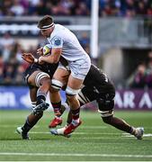 26 April 2025; Matty Rea of Ulster is tackled by Vincent Tshituka, left, and Manu Tshituka of Hollywoodbets Sharks during the United Rugby Championship match between Ulster and Hollywoodbets Sharks at Kingspan Stadium in Belfast. Photo by Tyler Miller/Sportsfile