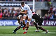 26 April 2025; Matty Rea of Ulster is tackled by Vincent Tshituka, left, and Manu Tshituka of Hollywoodbets Sharks during the United Rugby Championship match between Ulster and Hollywoodbets Sharks at Kingspan Stadium in Belfast. Photo by Tyler Miller/Sportsfile