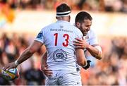 26 April 2025; Jude Postlethwaite of Ulster, celebrates with teammate Stuart McCloskey after scoring their side's second try during the United Rugby Championship match between Ulster and Hollywoodbets Sharks at Kingspan Stadium in Belfast. Photo by Tyler Miller/Sportsfile