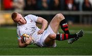26 April 2025; Nathan Doak of Ulster dives over to score his side's third try during the United Rugby Championship match between Ulster and Hollywoodbets Sharks at Kingspan Stadium in Belfast. Photo by Tyler Miller/Sportsfile