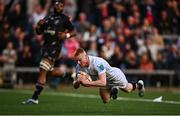 26 April 2025; Nathan Doak of Ulster dives over to score his side's third try during the United Rugby Championship match between Ulster and Hollywoodbets Sharks at Kingspan Stadium in Belfast. Photo by Tyler Miller/Sportsfile