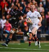 26 April 2025; Nathan Doak of Ulster celebrates while on his way to scoring his side's third try during the United Rugby Championship match between Ulster and Hollywoodbets Sharks at Kingspan Stadium in Belfast. Photo by Tyler Miller/Sportsfile
