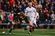 26 April 2025; Nathan Doak of Ulster celebrates while on his way to scoring his side's third try during the United Rugby Championship match between Ulster and Hollywoodbets Sharks at Kingspan Stadium in Belfast. Photo by Tyler Miller/Sportsfile