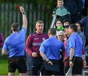 26 April 2025; Aidan Harte of Galway, second left, is shown a Red Card by referee James Owens, left, before the start of the second half during the Leinster GAA Hurling Senior Championship Round 2 match between Offaly and Galway at Glenisk O’Connor Park in Tullamore, Offaly. Photo by Ray McManus/Sportsfile
