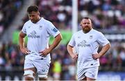 26 April 2025; Andrew Warwick of Ulster, right, and team-mate Alan O'Connor during the United Rugby Championship match between Ulster and Hollywoodbets Sharks at Kingspan Stadium in Belfast. Photo by Tyler Miller/Sportsfile