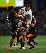 26 April 2025; Stuart McCloskey of Ulster is tackled by Jaden Hendrikse, left, and Jordan Hendrikse of Hollywoodbets Sharks during the United Rugby Championship match between Ulster and Hollywoodbets Sharks at Kingspan Stadium in Belfast. Photo by Tyler Miller/Sportsfile