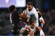 26 April 2025; Stuart McCloskey of Ulster is tackled by Jaden Hendrikse, left, and Jordan Hendrikse of Hollywoodbets Sharks during the United Rugby Championship match between Ulster and Hollywoodbets Sharks at Kingspan Stadium in Belfast. Photo by Tyler Miller/Sportsfile