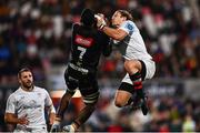 26 April 2025; Werner Kok of Ulster and Manu Tshituka of Hollywoodbets Sharks contest a high ball during the United Rugby Championship match between Ulster and Hollywoodbets Sharks at Kingspan Stadium in Belfast. Photo by Tyler Miller/Sportsfile
