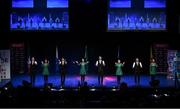 27 April 2025; The Gleann an Iolair team, including Tiegan Mullan, Sinead Ní Chluaisigh, Aoife McIlvar, Meabh Boylan, Eunan Boylan, Fearghal Close, Donal Close and Ronan Close, representing Derry and Ulster in the Rince Seit competition during the 2025 Scór Sinsear All-Ireland Finals at the TF Theatre in Castlebar, Mayo. Photo by Shauna Clinton/Sportsfile