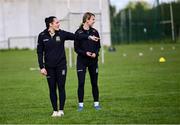 26 April 2025; Meath's Niamh Gallogly, left, and Mary Kate Lynch, left, coaching during the 2025 ZuCar Gaelic4Teens Festival Day featuring players from Clann na Banna of Down, St Nicholas of Louth and Ratoath of Meath at Trim GAA Club, Meath. Photo by Piaras Ó Mídheach/Sportsfile