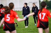 26 April 2025; Meath's Niamh Gallogly, left, and Mary Kate Lynch, left, coaching during the 2025 ZuCar Gaelic4Teens Festival Day featuring players from Clann na Banna of Down, St Nicholas of Louth and Ratoath of Meath at Trim GAA Club, Meath. Photo by Piaras Ó Mídheach/Sportsfile