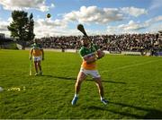 26 April 2025; Dan Ravenhill of Offaly takes a practice pre game 'free' before the Leinster GAA Hurling Senior Championship Round 2 match between Offaly and Galway at Glenisk O’Connor Park in Tullamore, Offaly. Photo by Ray McManus/Sportsfile