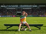 26 April 2025; Oisin Kelly of Offaly is first to take his seat for the traditional pre match squad photograaph before the Leinster GAA Hurling Senior Championship Round 2 match between Offaly and Galway at Glenisk O’Connor Park in Tullamore, Offaly. Photo by Ray McManus/Sportsfile