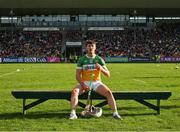 26 April 2025; Oisin Kelly of Offaly is first to take his seat for the traditional pre match squad photograaph before the Leinster GAA Hurling Senior Championship Round 2 match between Offaly and Galway at Glenisk O’Connor Park in Tullamore, Offaly. Photo by Ray McManus/Sportsfile