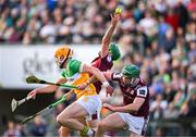26 April 2025; Ciaran Burke of Offaly, Brian Concannon, and Cathal Mannion of Galway fail to catch the sliotar during the Leinster GAA Hurling Senior Championship Round 2 match between Offaly and Galway at Glenisk O’Connor Park in Tullamore, Offaly. Photo by Ray McManus/Sportsfile