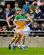 26 April 2025; Dan Ravenhill of Offaly is tackled by Cianan Fahy of Galway during the Leinster GAA Hurling Senior Championship Round 2 match between Offaly and Galway at Glenisk O’Connor Park in Tullamore, Offaly. Photo by Ray McManus/Sportsfile