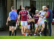 26 April 2025; Galway goalkeeper Darach Fahy goes to his place as referee James Owens detains Padraic Mannion of Galway, who he issued a yellow card to, before starting the second half during the Leinster GAA Hurling Senior Championship Round 2 match between Offaly and Galway at Glenisk O’Connor Park in Tullamore, Offaly. Photo by Ray McManus/Sportsfile
