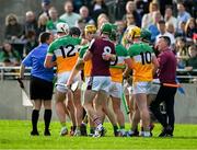 26 April 2025; Standby referee Colm Lyons, left, steps in to seperate Offaly and Galway players as they jostle on their was to the dressing rooms for the half time break during the Leinster GAA Hurling Senior Championship Round 2 match between Offaly and Galway at Glenisk O’Connor Park in Tullamore, Offaly. Photo by Ray McManus/Sportsfile
