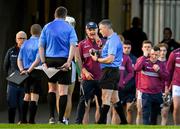 26 April 2025; Galway manager Micheál Donoghue remonstrates with referee James Owens as he prepares to issue a red card to Daithí Burke of Galway, hidden, before starting the second half of the Leinster GAA Hurling Senior Championship Round 2 match between Offaly and Galway at Glenisk O’Connor Park in Tullamore, Offaly. Photo by Ray McManus/Sportsfile
