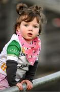 26 April 2025; One year old Offaly supporter Rua Conneely, a daughter of Offaly corner back Ben Conneely, during the Leinster GAA Hurling Senior Championship Round 2 match between Offaly and Galway at Glenisk O’Connor Park in Tullamore, Offaly. Photo by Ray McManus/Sportsfile