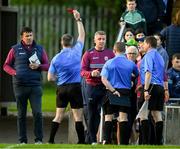 26 April 2025; Aidan Harte of Galway, third from left, is shown a Red Card by referee James Owens, left, before the start of the second half started during the Leinster GAA Hurling Senior Championship Round 2 match between Offaly and Galway at Glenisk O’Connor Park in Tullamore, Offaly. Photo by Ray McManus/Sportsfile