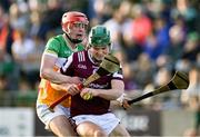 26 April 2025; Gavin Lee of Galway is tackled by Charlie Mitchell of Offaly during the Leinster GAA Hurling Senior Championship Round 2 match between Offaly and Galway at Glenisk O’Connor Park in Tullamore, Offaly. Photo by Ray McManus/Sportsfile