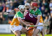 26 April 2025; Gavin Lee of Galway is tackled by Oisin Kelly, left, and Charlie Mitchell of Offaly during the Leinster GAA Hurling Senior Championship Round 2 match between Offaly and Galway at Glenisk O’Connor Park in Tullamore, Offaly. Photo by Ray McManus/Sportsfile