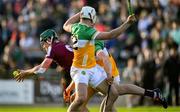 26 April 2025; Gavin Lee of Galway is tackled by Oisin Kelly, 12, and Charlie Mitchell of Offaly during the Leinster GAA Hurling Senior Championship Round 2 match between Offaly and Galway at Glenisk O’Connor Park in Tullamore, Offaly. Photo by Ray McManus/Sportsfile