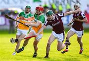 26 April 2025; Charlie Mitchell of Offaly is tackled by Gavin Lee of Galway during the Leinster GAA Hurling Senior Championship Round 2 match between Offaly and Galway at Glenisk O’Connor Park in Tullamore, Offaly. Photo by Ray McManus/Sportsfile