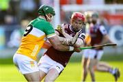 26 April 2025; Tom Monaghan of Galway is tackled by David King of Offaly during the Leinster GAA Hurling Senior Championship Round 2 match between Offaly and Galway at Glenisk O’Connor Park in Tullamore, Offaly. Photo by Ray McManus/Sportsfile