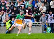 26 April 2025; Dan Ravenhill of Offaly is tackled by Cianan Fahy of Galway during the Leinster GAA Hurling Senior Championship Round 2 match between Offaly and Galway at Glenisk O’Connor Park in Tullamore, Offaly. Photo by Ray McManus/Sportsfile