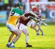 26 April 2025; Tom Monaghan of Galway is tackled by David King of Offaly during the Leinster GAA Hurling Senior Championship Round 2 match between Offaly and Galway at Glenisk O’Connor Park in Tullamore, Offaly. Photo by Ray McManus/Sportsfile