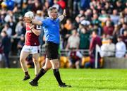 26 April 2025; Referee James Owens indicates a penalty, awarded to Galway, during the Leinster GAA Hurling Senior Championship Round 2 match between Offaly and Galway at Glenisk O’Connor Park in Tullamore, Offaly. Photo by Ray McManus/Sportsfile