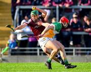 26 April 2025; Brian Concannon of Galway is tackled by Padraig Cantwell of Offaly during the Leinster GAA Hurling Senior Championship Round 2 match between Offaly and Galway at Glenisk O’Connor Park in Tullamore, Offaly. Photo by Ray McManus/Sportsfile