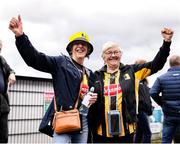 27 April 2025; Kilkenny supporters Mary Coogan, left, and Ann O'Regan, both from Conahy, Kilkenny, before the Leinster GAA Hurling Senior Championship Round 2 match between Antrim and Kilkenny at Corrigan Park in Belfast. Photo by Thomas Flinkow/Sportsfile