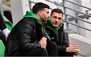 25 April 2025; Danny Mandroiu, left, and Trevor Clarke of Shamrock Rovers before the SSE Airtricity Men's Premier Division match between Shamrock Rovers and Shelbourne at Tallaght Stadium in Dublin. Photo by Ramsey Cardy/Sportsfile