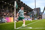 25 April 2025; Jack Byrne of Shamrock Rovers takes a corner-kick during the SSE Airtricity Men's Premier Division match between Shamrock Rovers and Shelbourne at Tallaght Stadium in Dublin. Photo by Ramsey Cardy/Sportsfile