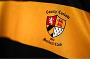 27 April 2025; A detailed view of the County Carlow FC jersey before the Bank of Ireland Provincial Towns Cup final match between Athy RFC and County Carlow FC at Forenaughts in Naas, Kildare. Photo by Seb Daly/Sportsfile