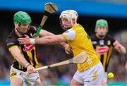 27 April 2025; Eoin Cody of Kilkenny in action against Paddy Burke of Antrim during the Leinster GAA Hurling Senior Championship Round 2 match between Antrim and Kilkenny at Corrigan Park in Belfast. Photo by Thomas Flinkow/Sportsfile