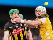 27 April 2025; Eoin Cody of Kilkenny in action against Paddy Burke of Antrim during the Leinster GAA Hurling Senior Championship Round 2 match between Antrim and Kilkenny at Corrigan Park in Belfast. Photo by Thomas Flinkow/Sportsfile