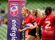 27 April 2025; Laoise McGonagle of UL Bohemian celebrates after scoring a try during the Energia All-Ireland League Women's Division 1 final match between Railway Union RFC and UL Bohemian at the Aviva Stadium in Dublin. Photo by Matt Browne/Sportsfile