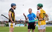 27 April 2025; Referee Shane Hynes performs the coin toss in the presence of Kilkenny captain John Donnelly, left, and Antrim captain Nigel Elliot before the Leinster GAA Hurling Senior Championship Round 2 match between Antrim and Kilkenny at Corrigan Park in Belfast. Photo by Thomas Flinkow/Sportsfile