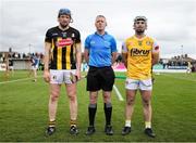 27 April 2025; Referee Shane Hynes with Kilkenny captain John Donnelly, left, and Antrim captain Nigel Elliot before the Leinster GAA Hurling Senior Championship Round 2 match between Antrim and Kilkenny at Corrigan Park in Belfast. Photo by Thomas Flinkow/Sportsfile