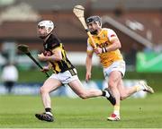 27 April 2025; Jordan Molloy of Kilkenny in action against Ryan Mc Cambridge of Antrim during the Leinster GAA Hurling Senior Championship Round 2 match between Antrim and Kilkenny at Corrigan Park in Belfast. Photo by Thomas Flinkow/Sportsfile